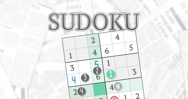 The NZZ Sudoku card: the word SUDOKU over a 9x9 grid with given and filled digits, a highlighted column and note markers, on a background of newspaper pages