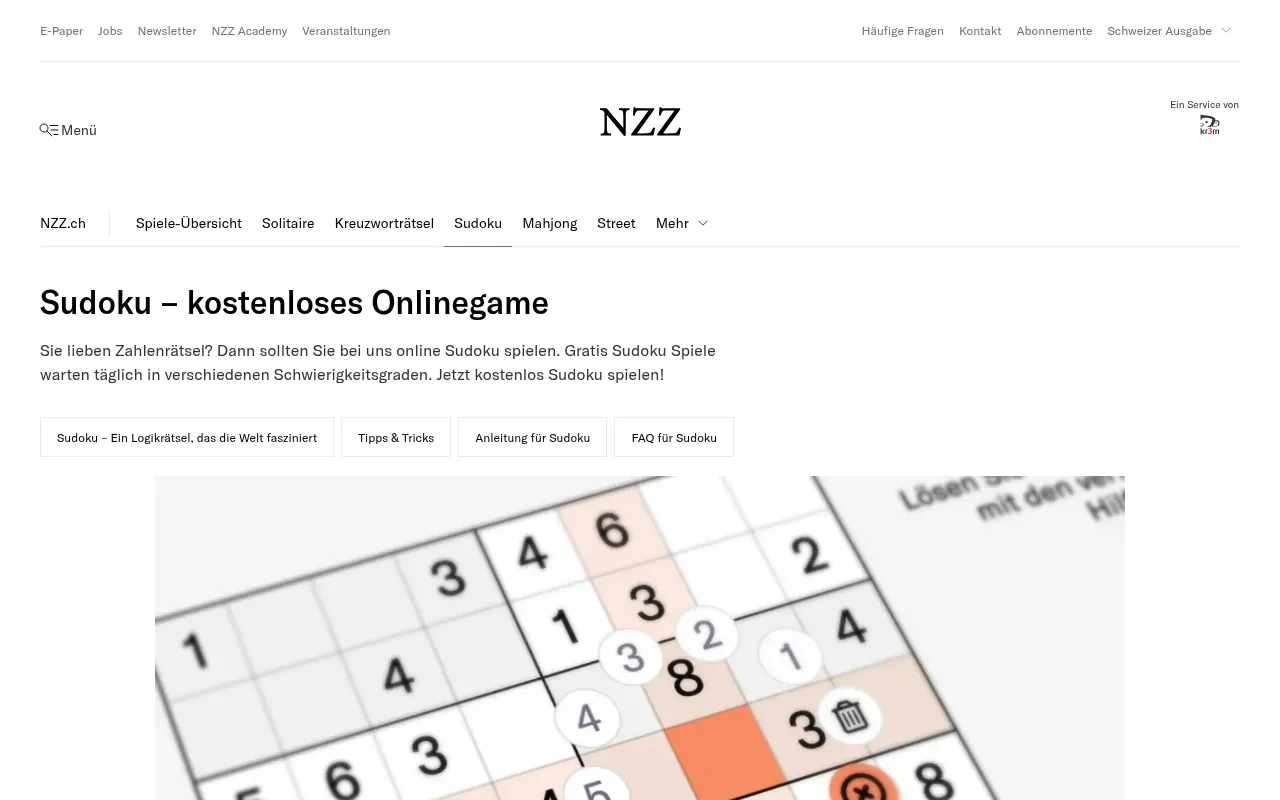 The NZZ Sudoku page: the title Sudoku, kostenloses Onlinegame, the note that free sudokus wait daily in several difficulty levels, and the sudoku board with a number wheel
