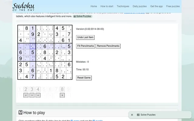 The Easy daily sudoku for Monday 19 October in the Sudoku of the Day browser player, with pencil marks filled in, a timer and a mistake count