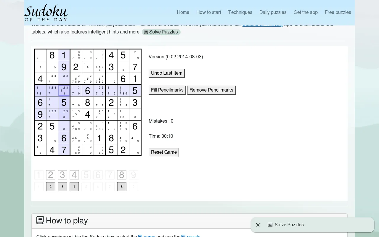The Easy daily sudoku for Monday 19 October in the Sudoku of the Day browser player, with pencil marks filled in, a timer and a mistake count