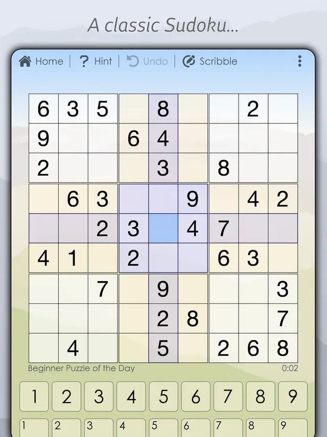 A Beginner Puzzle of the Day in the Sudoku of the Day app, with a highlighted row and column
