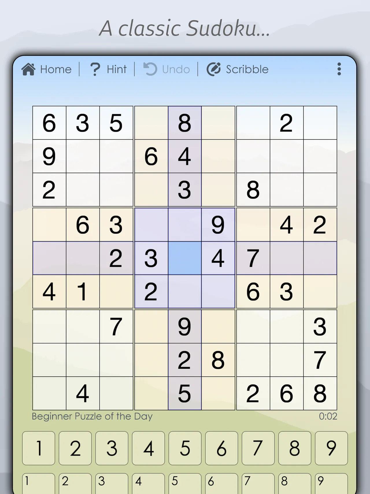 A Beginner Puzzle of the Day in the Sudoku of the Day app, with a highlighted row and column