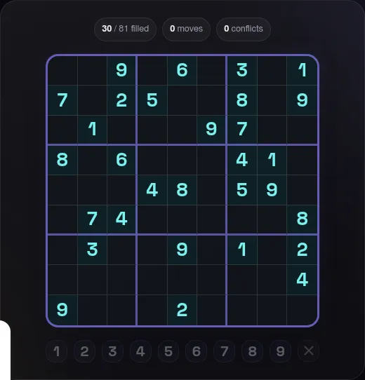 Classic Sudoku on Puzzle Round: a 9x9 grid with 30 of 81 cells filled as teal clues and a row of number buttons