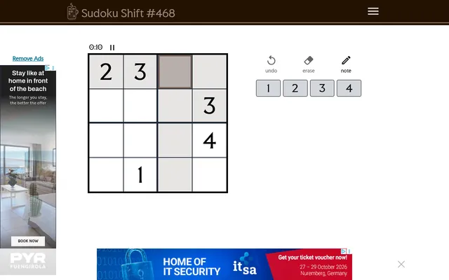 Sudoku Shift #468: a 4x4 sudoku grid with its given digits, a timer, and undo, erase, note and number buttons (ads at the edges)