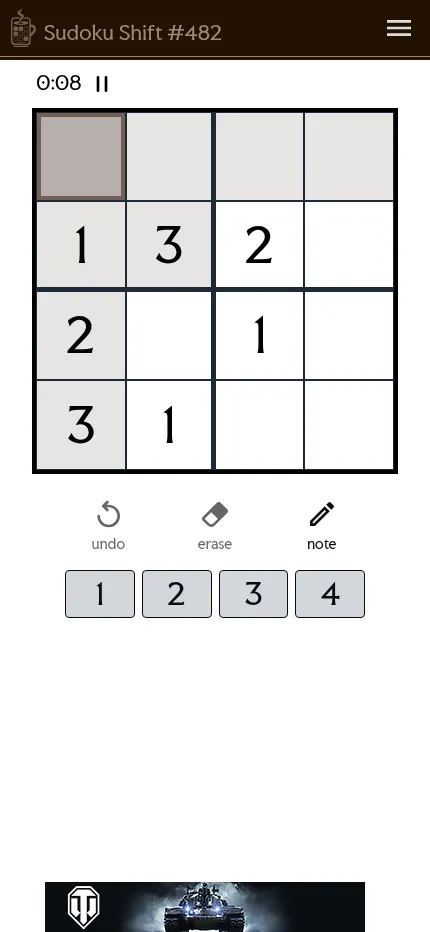 Sudoku Shift #482 on a phone: the 4x4 starting grid with the timer above and the undo, erase, note and number buttons below