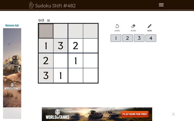 Sudoku Shift #482 on desktop: the day's first 4x4 grid with its given digits, the timer, undo, erase, note and number buttons, with ad banners at the side and bottom