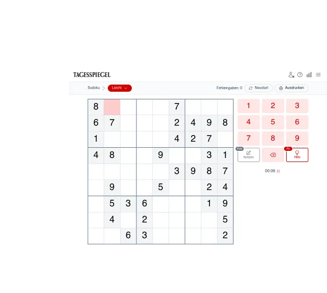 Tagesspiegel Sudoku at level Leicht: a 9x9 grid with given digits shaded, a red number pad, Notizen and Hilfe buttons and a running clock