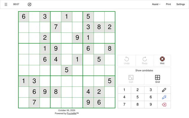 The Indian Express Easy sudoku for October 6, 2026: a 9x9 grid with its given digits shaded grey, beside a number pad with pencil, Undo, Redo, Hint and Show candidates buttons in the PuzzleMe player