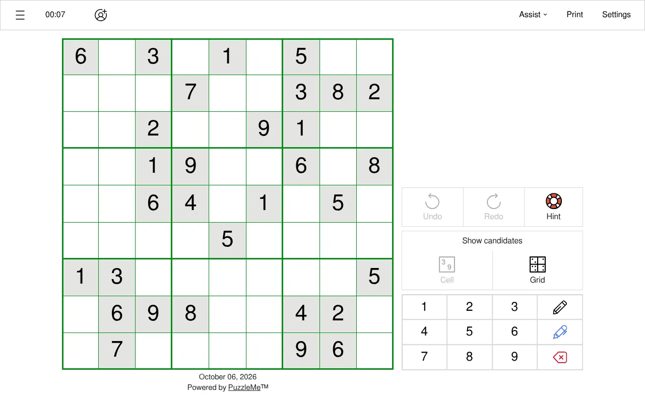 The Indian Express Easy sudoku for October 6, 2026: a 9x9 grid with its given digits shaded grey, beside a number pad with pencil, Undo, Redo, Hint and Show candidates buttons in the PuzzleMe player
