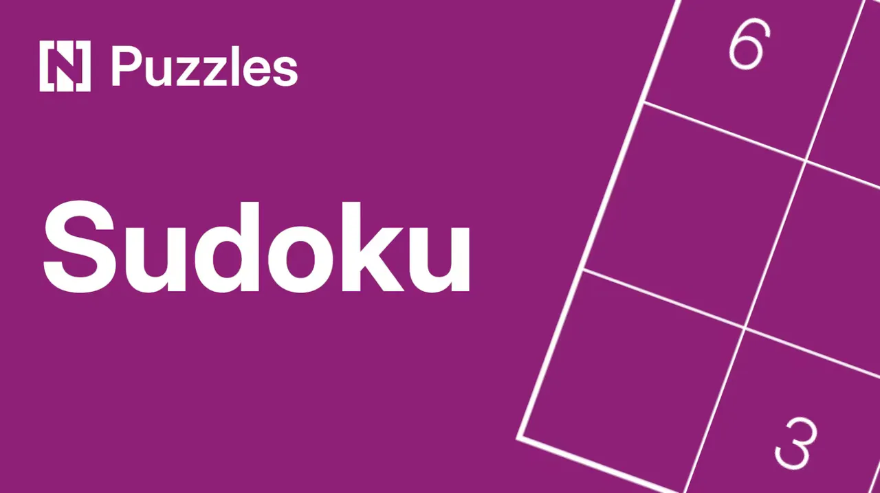 The National's Sudoku title card: 'N Puzzles Sudoku' on purple beside a tilted sudoku grid with a 6 and a 3