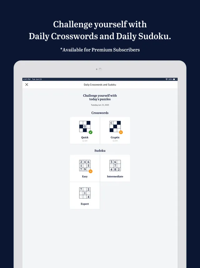 The Herald app's Daily Crosswords and Sudoku screen, with sudoku tiles for easy, intermediate and expert below the crosswords