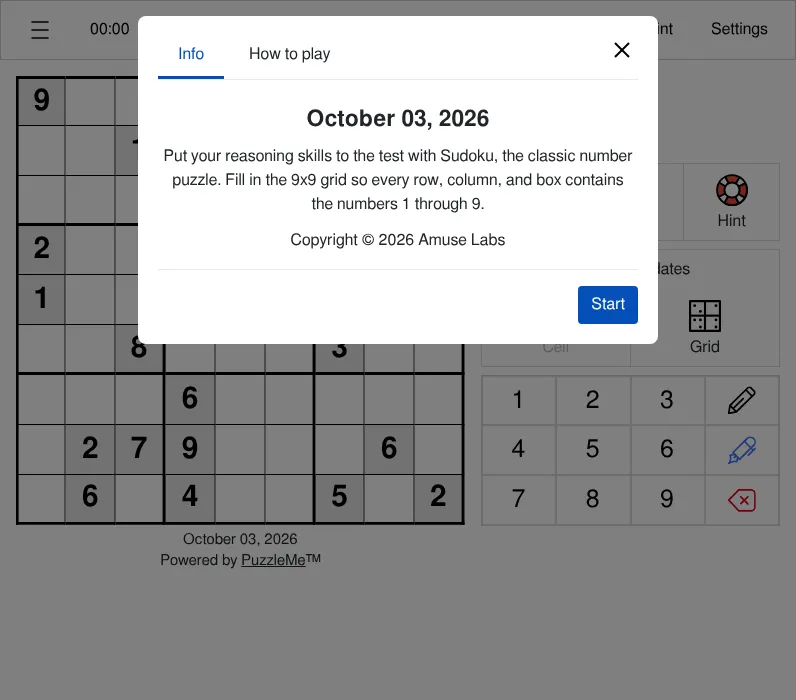 TIME Sudoku for October 03, 2026: the dated info card over the day's 9x9 grid with its given numbers, a number pad, pencil and hint buttons, powered by PuzzleMe
