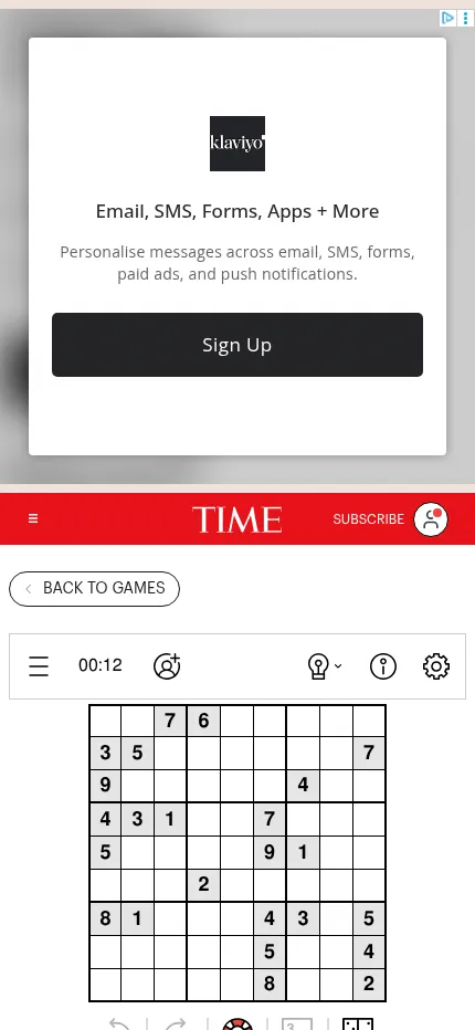 TIME Sudoku on a phone: the October 17, 2026 9x9 grid with its given numbers and the timer running, under a display ad