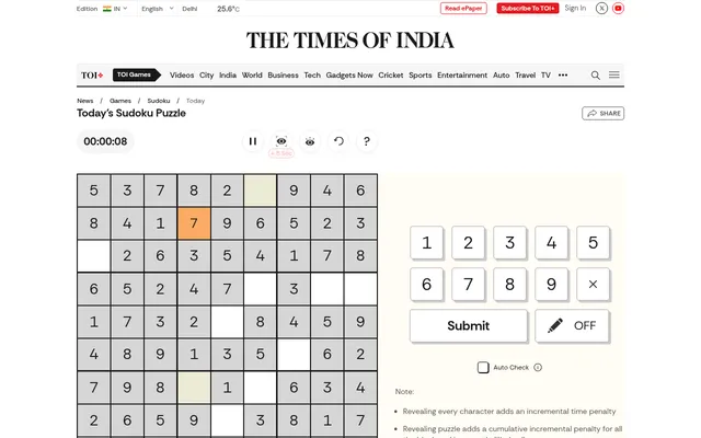 Today's Times of India Sudoku on desktop: a 9x9 grid with most digits given, one entered 7 highlighted, a timer, the 1 to 9 number pad, Submit, pencil and Auto Check