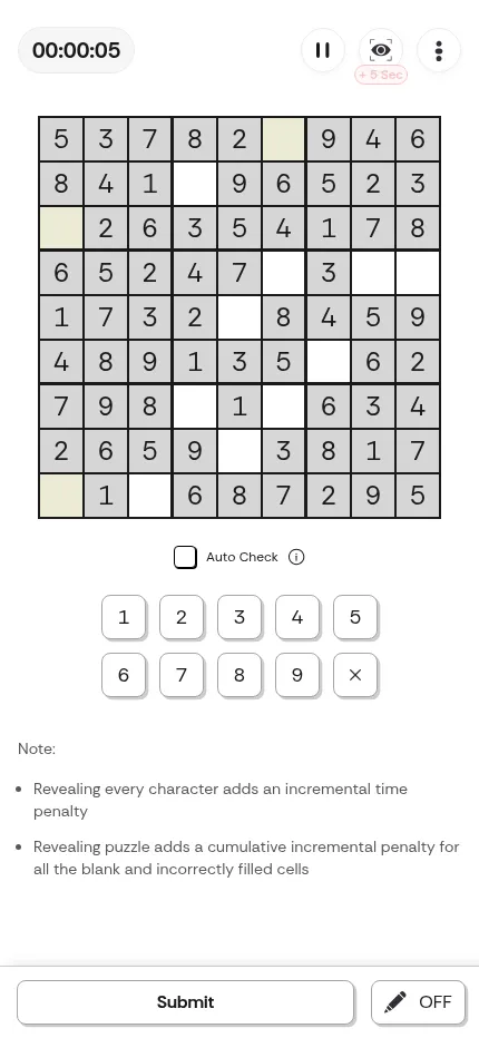 Today's Times of India Sudoku at phone size: the 9x9 grid on top, Auto Check and the 1 to 9 number pad below, Submit and pencil buttons at the foot