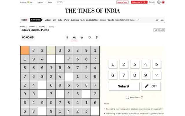 Today's Times of India Sudoku: a 9x9 grid with most digits given and a few empty cells, a timer at 00:00:06, a number pad from 1 to 9, Submit and pencil buttons and an Auto Check box