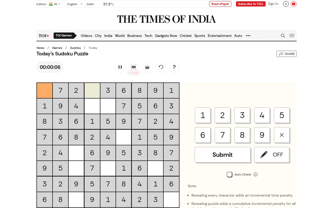 Today's Times of India Sudoku: a 9x9 grid with most digits given and a few empty cells, a timer at 00:00:06, a number pad from 1 to 9, Submit and pencil buttons and an Auto Check box