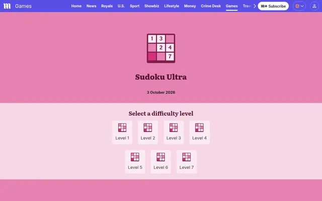 The Sudoku Ultra start screen on the Daily Mail games page: the game's own icon and name, the date 3 October 2026 and a button to start the day's puzzle