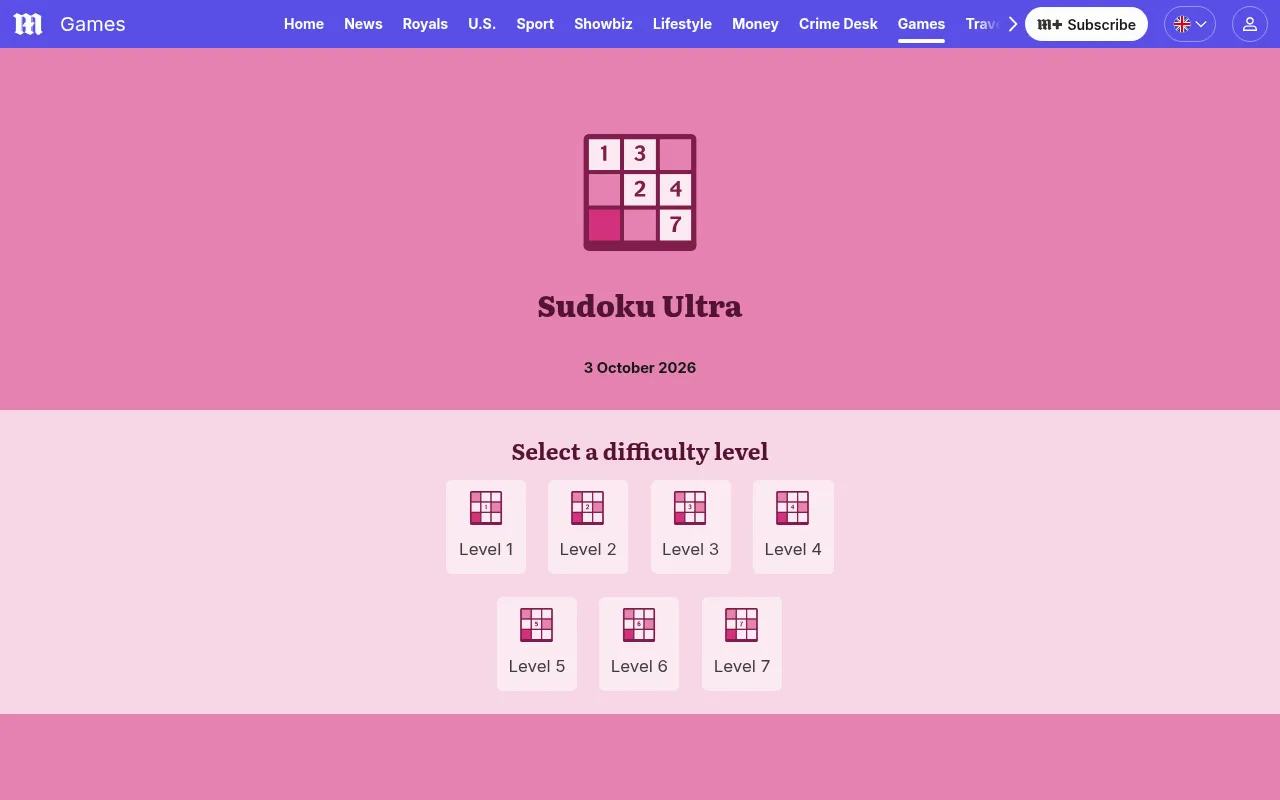 The Sudoku Ultra start screen on the Daily Mail games page: the game's own icon and name, the date 3 October 2026 and a button to start the day's puzzle