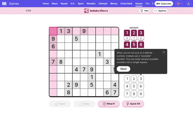 The Sudoku Ultra Level 4 grid for 7 October 2026: a 9x9 sudoku with its given digits, the Definite and Possible keypads, What If and Quick Fill, and a tip box beside it