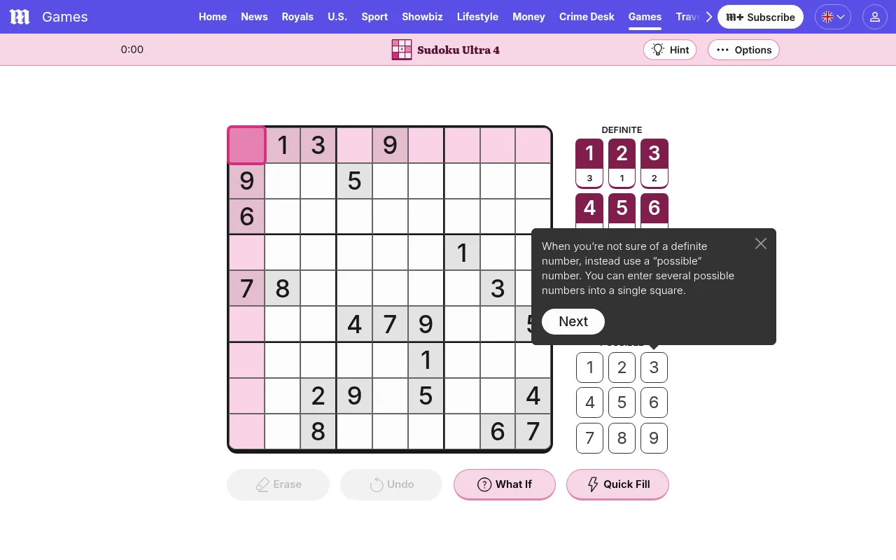 The Sudoku Ultra Level 4 grid for 7 October 2026: a 9x9 sudoku with its given digits, the Definite and Possible keypads, What If and Quick Fill, and a tip box beside it