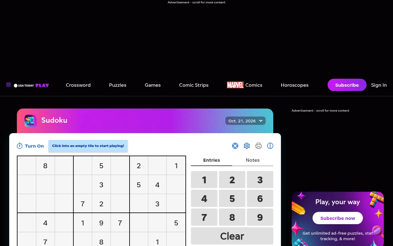 USA TODAY Sudoku on desktop: the dated header for Oct. 21, 2026, the top of the grid, and the Entries and Notes number pad