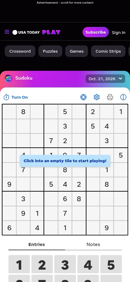 USA TODAY Sudoku on a phone: the 9x9 grid for 21 October 2026 with its given numbers, a tip to tap an empty tile, and the number pad below