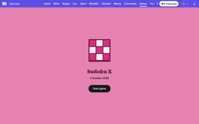 The Sudoku X start screen on the Daily Mail games page: the game's own icon and name, the date 3 October 2026 and a button to start the day's puzzle