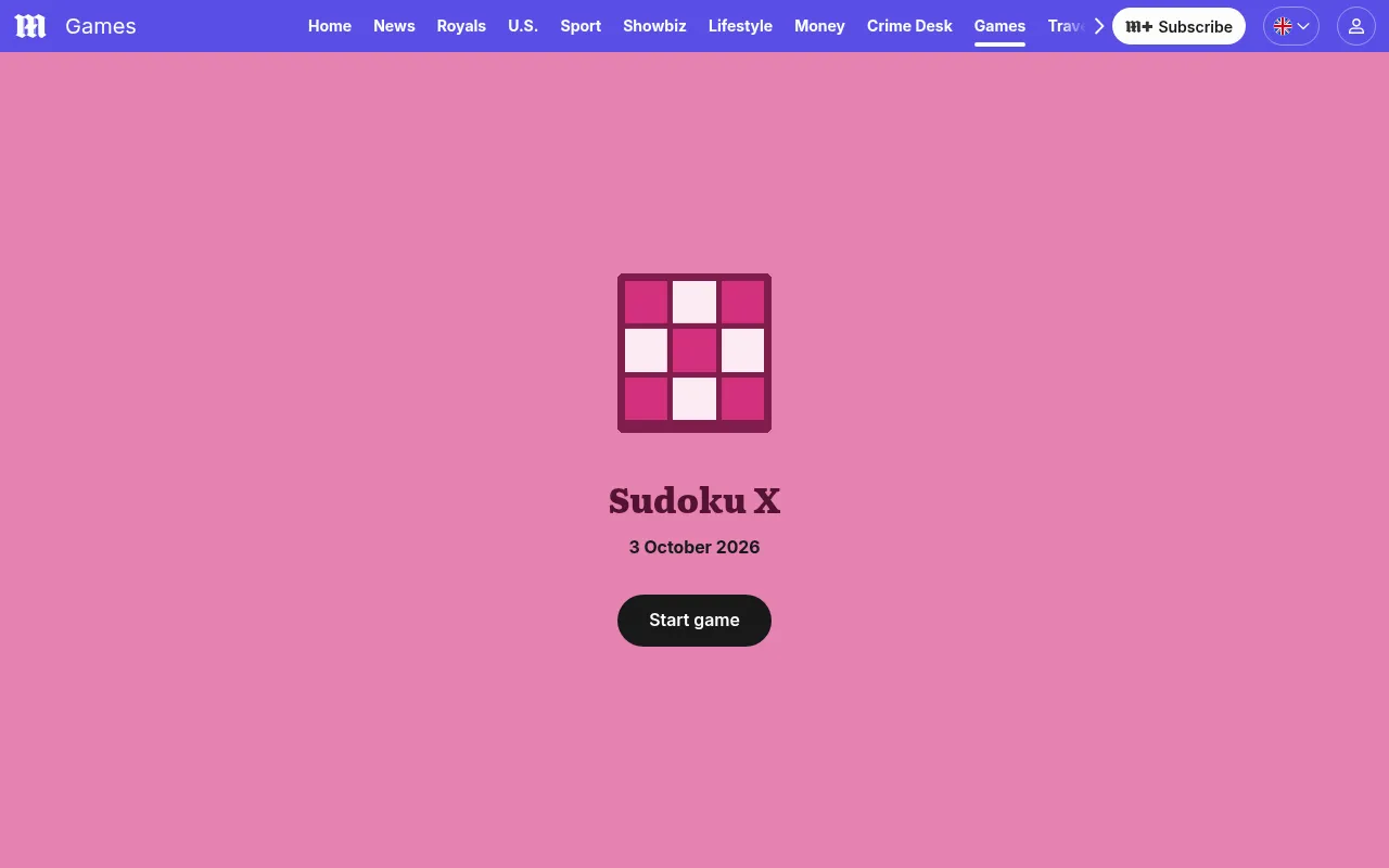 The Sudoku X start screen on the Daily Mail games page: the game's own icon and name, the date 3 October 2026 and a button to start the day's puzzle