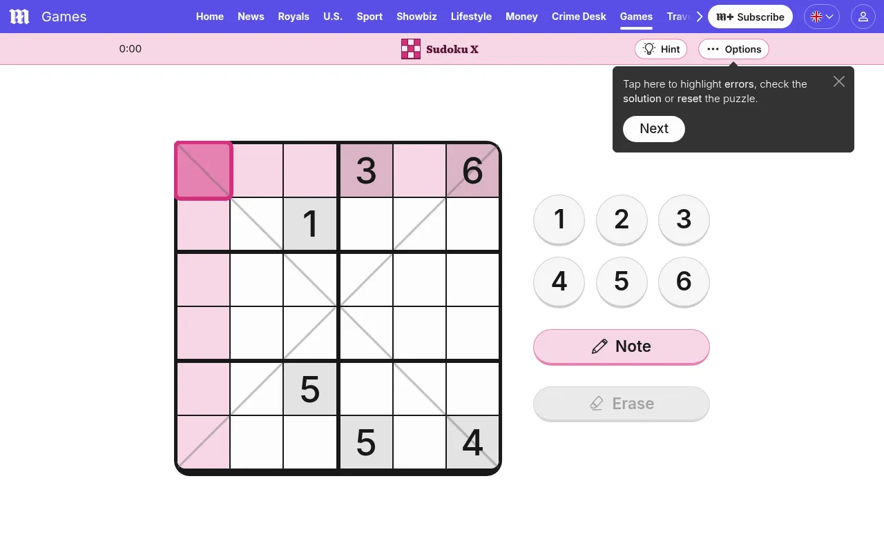 The Sudoku X board for 7 October 2026 on the Daily Mail games page: a 6x6 grid crossed by its two diagonal lines, with the given digits 3, 6, 1, 5, 5 and 4, the digit buttons 1 to 6 and Note and Erase