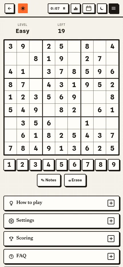 The same daily Easy Sudoku on a phone: the 9x9 grid fills the width, with the number pad, Notes, Erase and How to play, Settings, Scoring and FAQ panels below