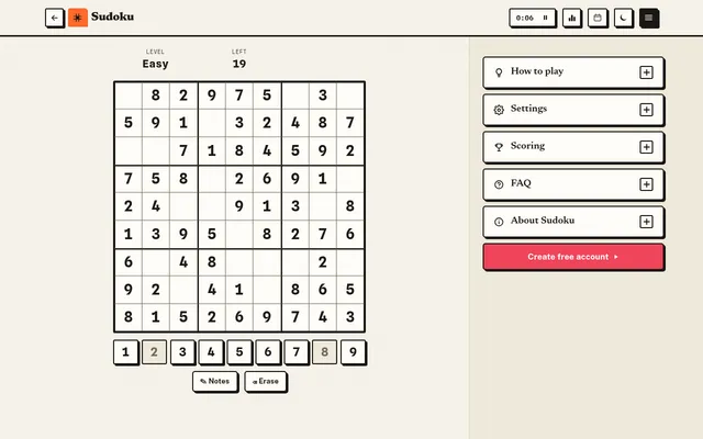 The Greatest Games daily Sudoku at Easy level: a partly filled 9x9 grid with 19 cells left, a number pad, Notes and Erase