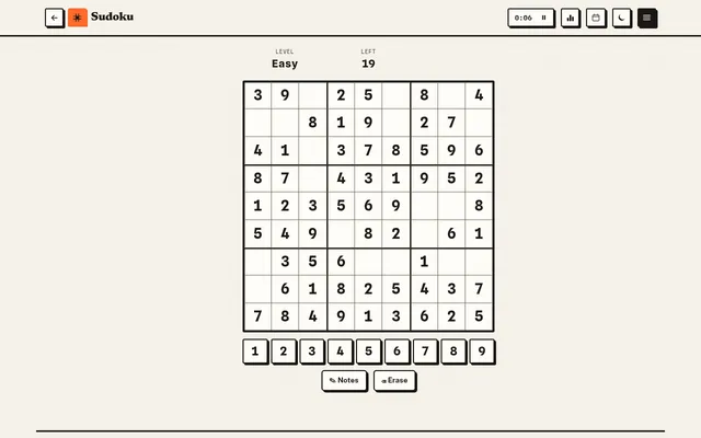 Today's Greatest Games Sudoku at Easy level on a desktop: a 9x9 grid with 19 cells left, the timer, a 1 to 9 number pad, Notes and Erase