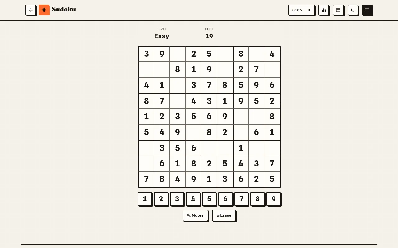 Today's Greatest Games Sudoku at Easy level on a desktop: a 9x9 grid with 19 cells left, the timer, a 1 to 9 number pad, Notes and Erase