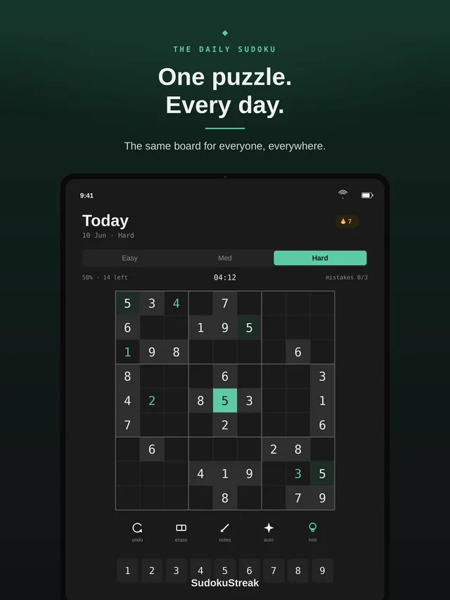 SudokuStreak daily sudoku for 10 June on Hard, with timer, mistake count and number pad