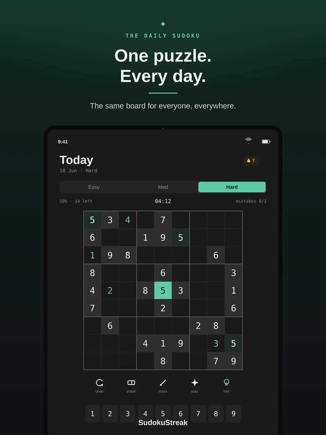 SudokuStreak daily sudoku for 10 June on Hard, with timer, mistake count and number pad