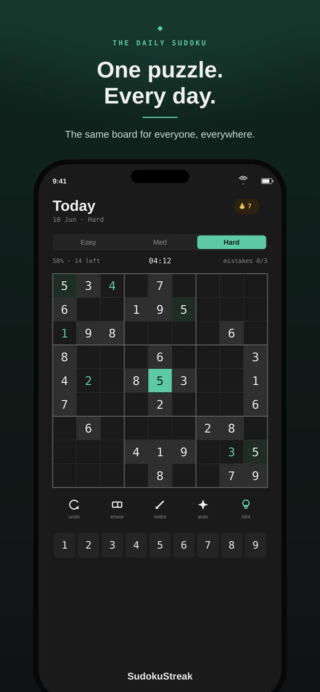 SudokuStreak on iPhone: the daily 9x9 sudoku on Hard with Easy, Med and Hard tabs, timer, mistake count and number pad
