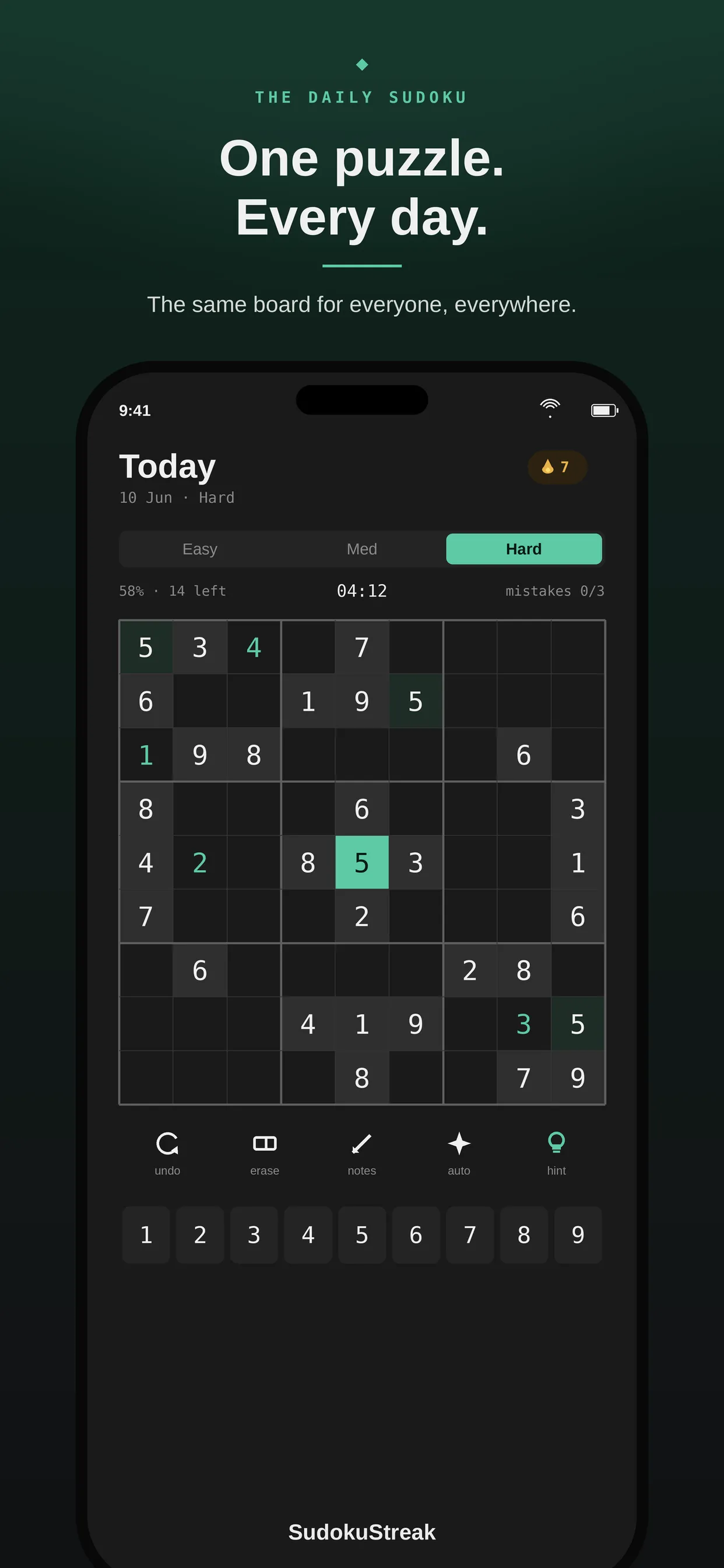 SudokuStreak on iPhone: the daily 9x9 sudoku on Hard with Easy, Med and Hard tabs, timer, mistake count and number pad