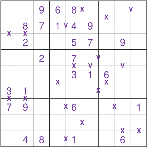 The Medium SudokuXV grid for 28 October 2026 on PuzzleMadness, with purple givens and X and V marks between neighbouring squares