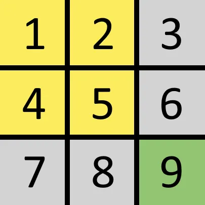 Sudorkle logo: a 3x3 box of digits 1 to 9 in yellow, grey and green clue colours