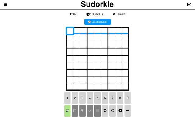 Sudorkle's empty 9x9 grid at the start of the day, with the hint counter, timer, penalty and digit keypad