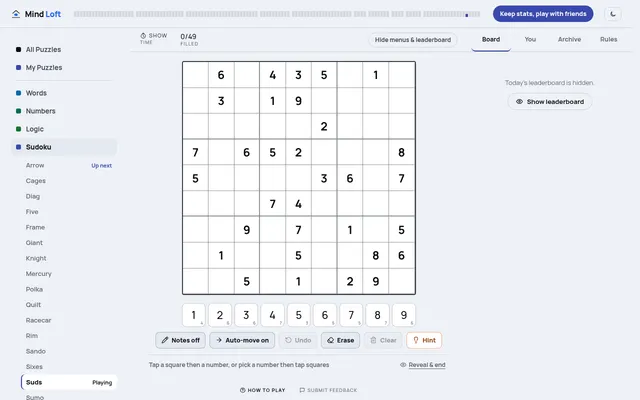 Suds on Mind Loft for October 19, 2026: today's 9x9 sudoku grid with 32 printed clues, a 1 to 9 number pad and Notes, Auto-move, Undo, Erase, Clear and Hint buttons