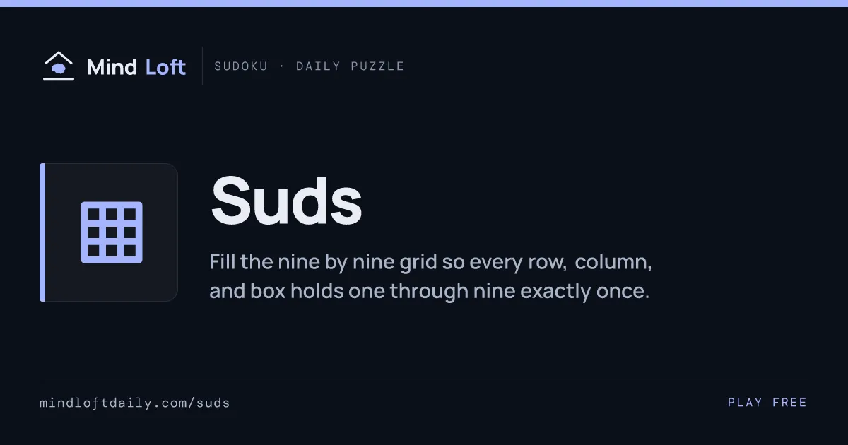 Suds title card from Mind Loft, with the game's icon, name and a one-line description