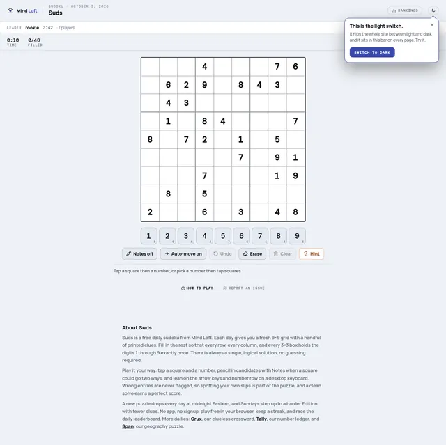 Suds on Mind Loft for October 3, 2026: a classic 9x9 sudoku grid with its printed clues, above a 1 to 9 number pad and Notes, Auto-move, Undo, Erase, Clear and Hint buttons