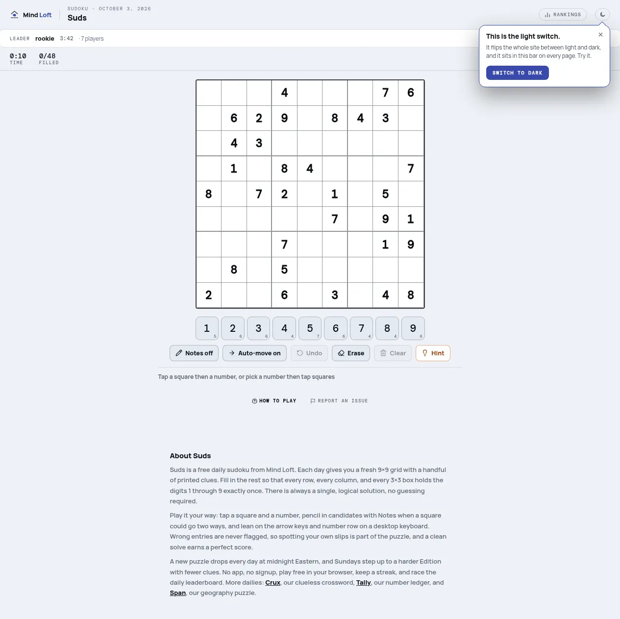 Suds on Mind Loft for October 3, 2026: a classic 9x9 sudoku grid with its printed clues, above a 1 to 9 number pad and Notes, Auto-move, Undo, Erase, Clear and Hint buttons