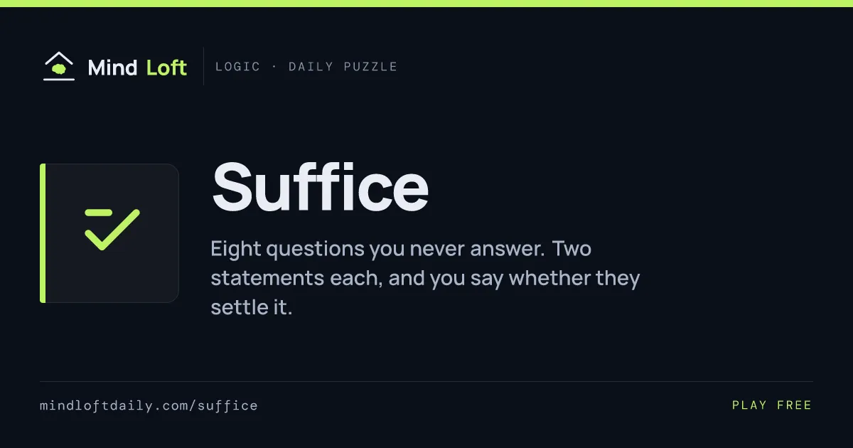 Suffice title card from Mind Loft, with the game's icon, name and a one-line description