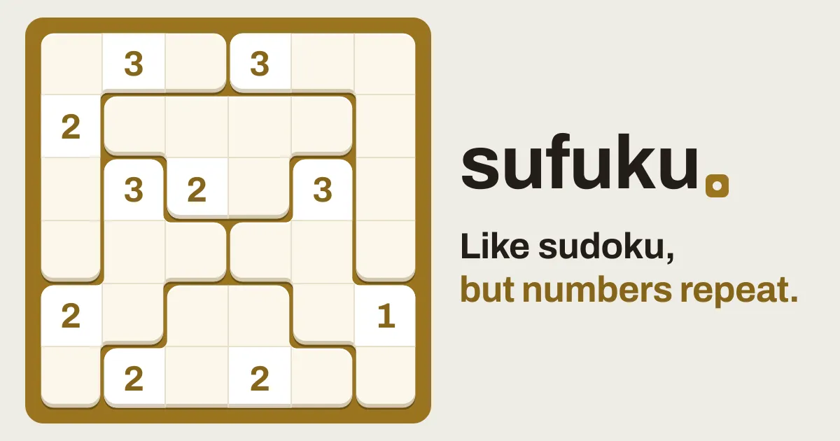 Sufuku share image: a 6 by 6 board with gold clues beside the words Like sudoku, but numbers repeat