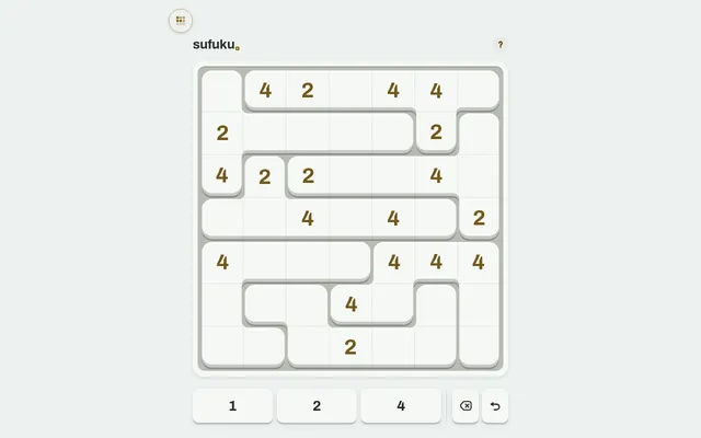 A Sufuku 7 by 7 board of irregular regions with gold 2 and 4 clues, and a keypad of 1, 2 and 4 below it