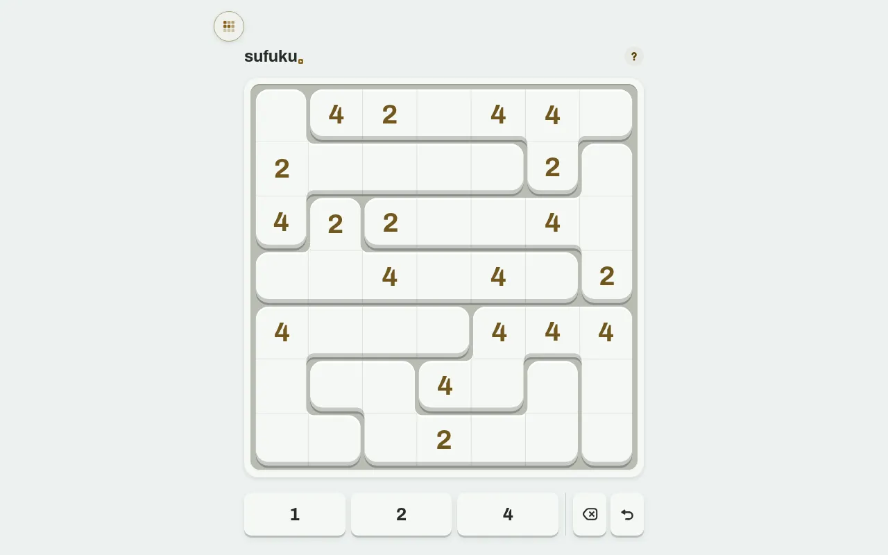 A Sufuku 7 by 7 board of irregular regions with gold 2 and 4 clues, and a keypad of 1, 2 and 4 below it