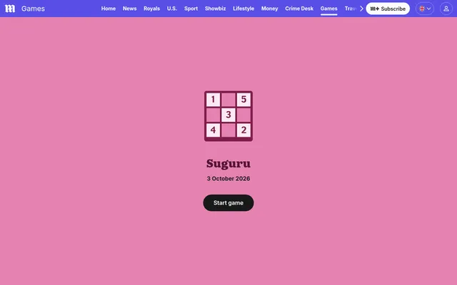 The Suguru start screen on the Daily Mail games page: the game's own icon and name, the date 3 October 2026 and a button to start the day's puzzle